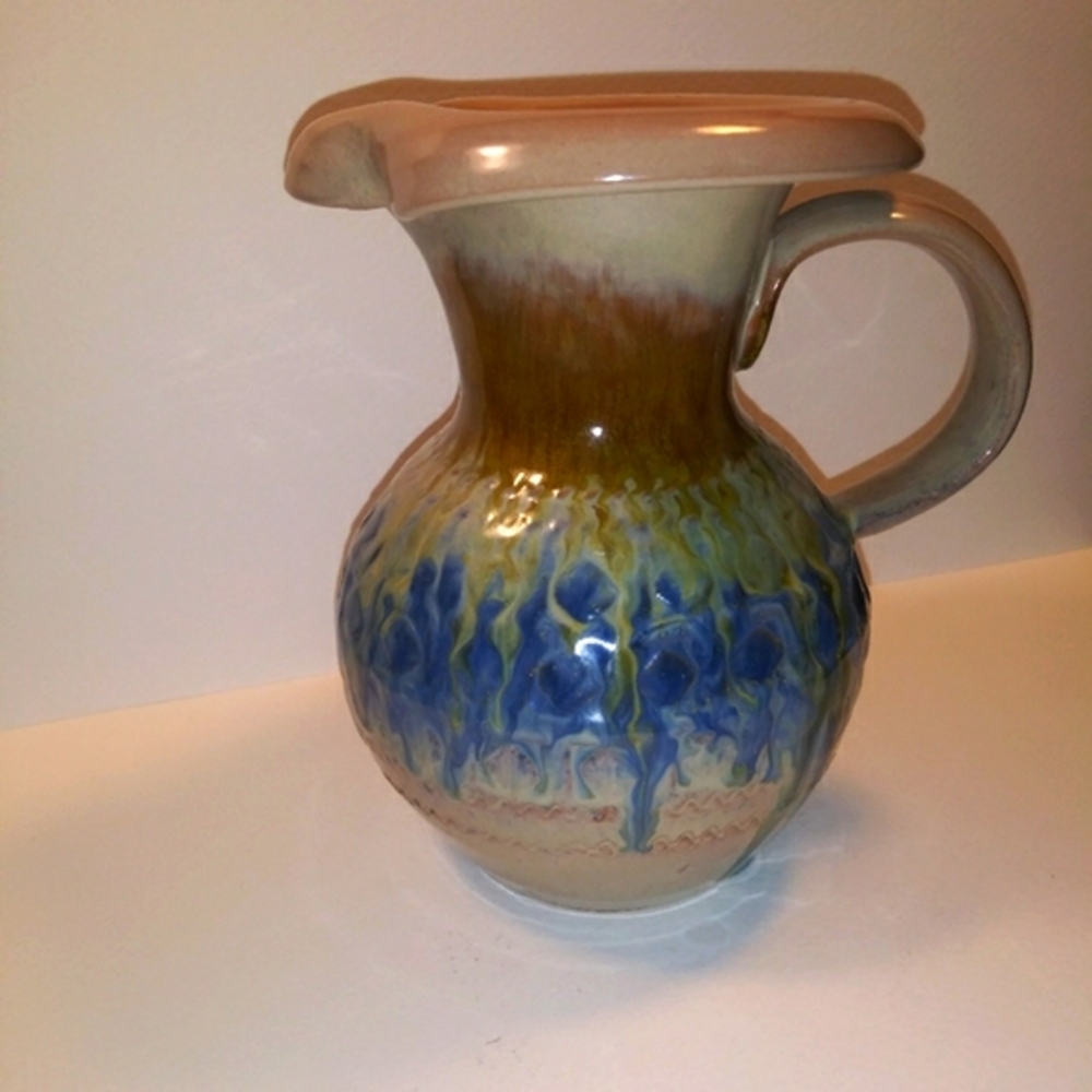 Pottery pitcher vase drip glaze Italy Inarco vintage boho cottage blue green tan